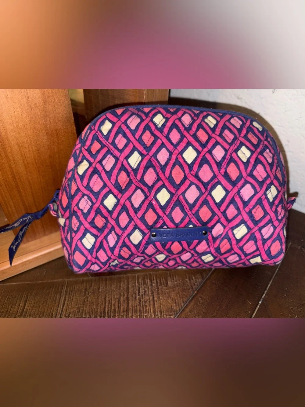 Vera Bradley Navy and Pink Geometric Quilted Cosmetic Pouch